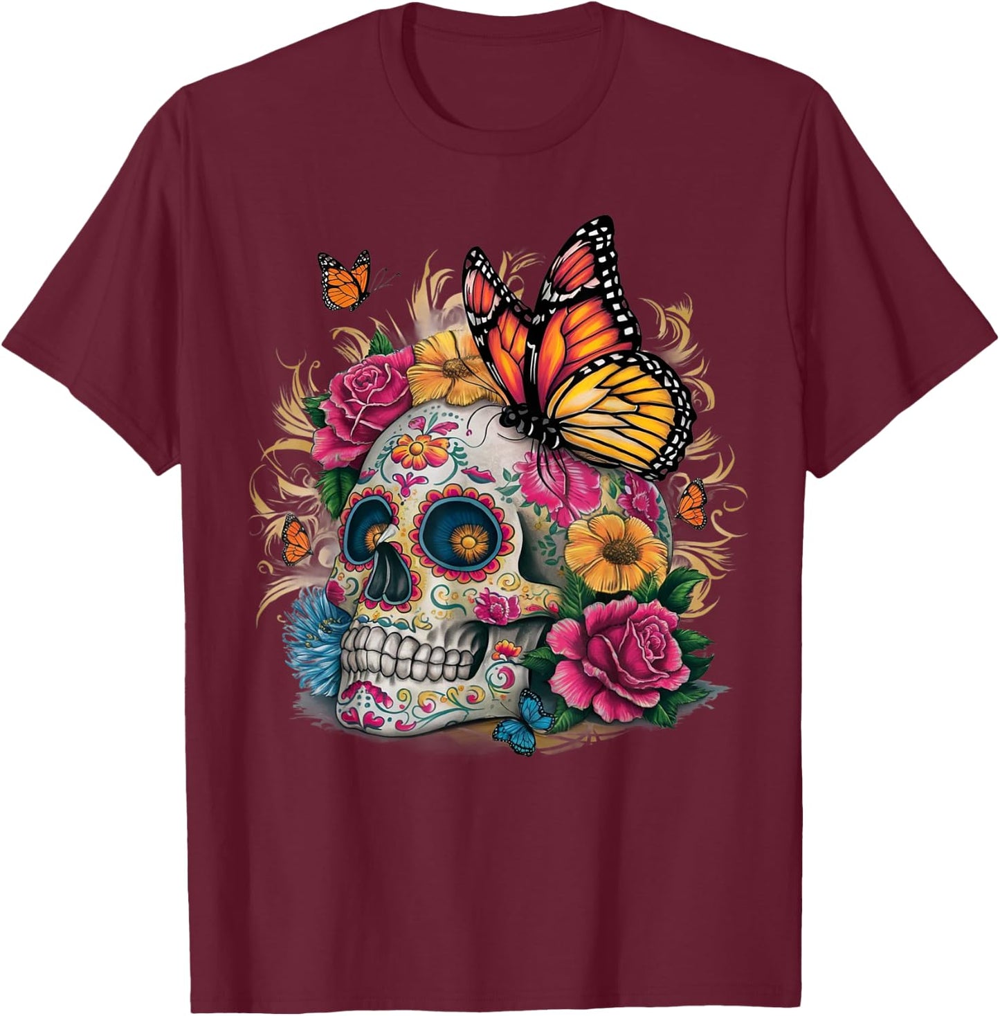 Sugar Skull Butterfly Day of Dead Halloween Dia De Muertos T-Shirt - T-Shirt | Maroon