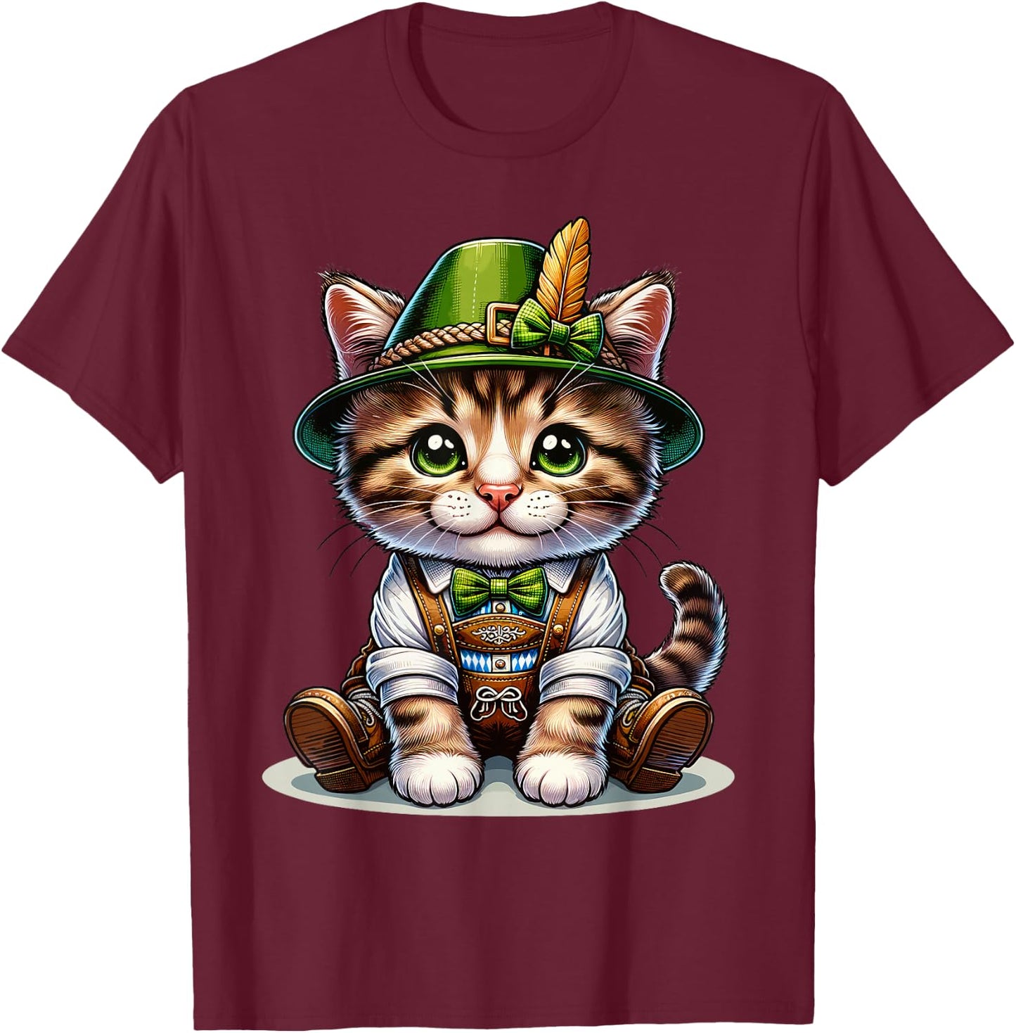 Oktoberfest Cat Funny German Bavarian Lederhosen Cat Lover T-Shirt - T-Shirt | Maroon