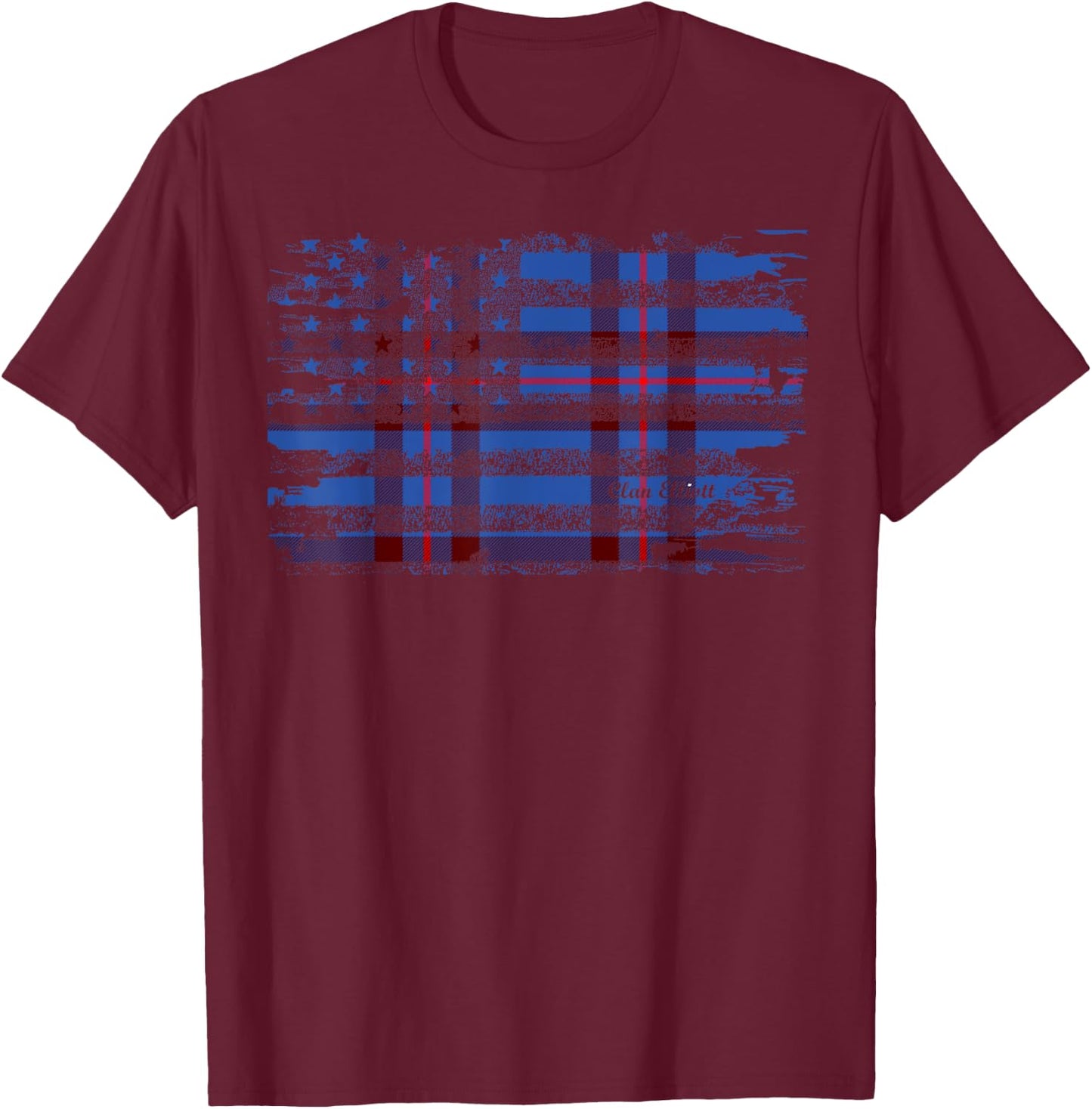 Clan Elliott American Flag Scottish Tartan T-Shirt - T-Shirt | Maroon