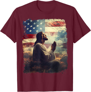 Jesus Christ Praying for America Flag T-Shirt - T-Shirt | Maroon