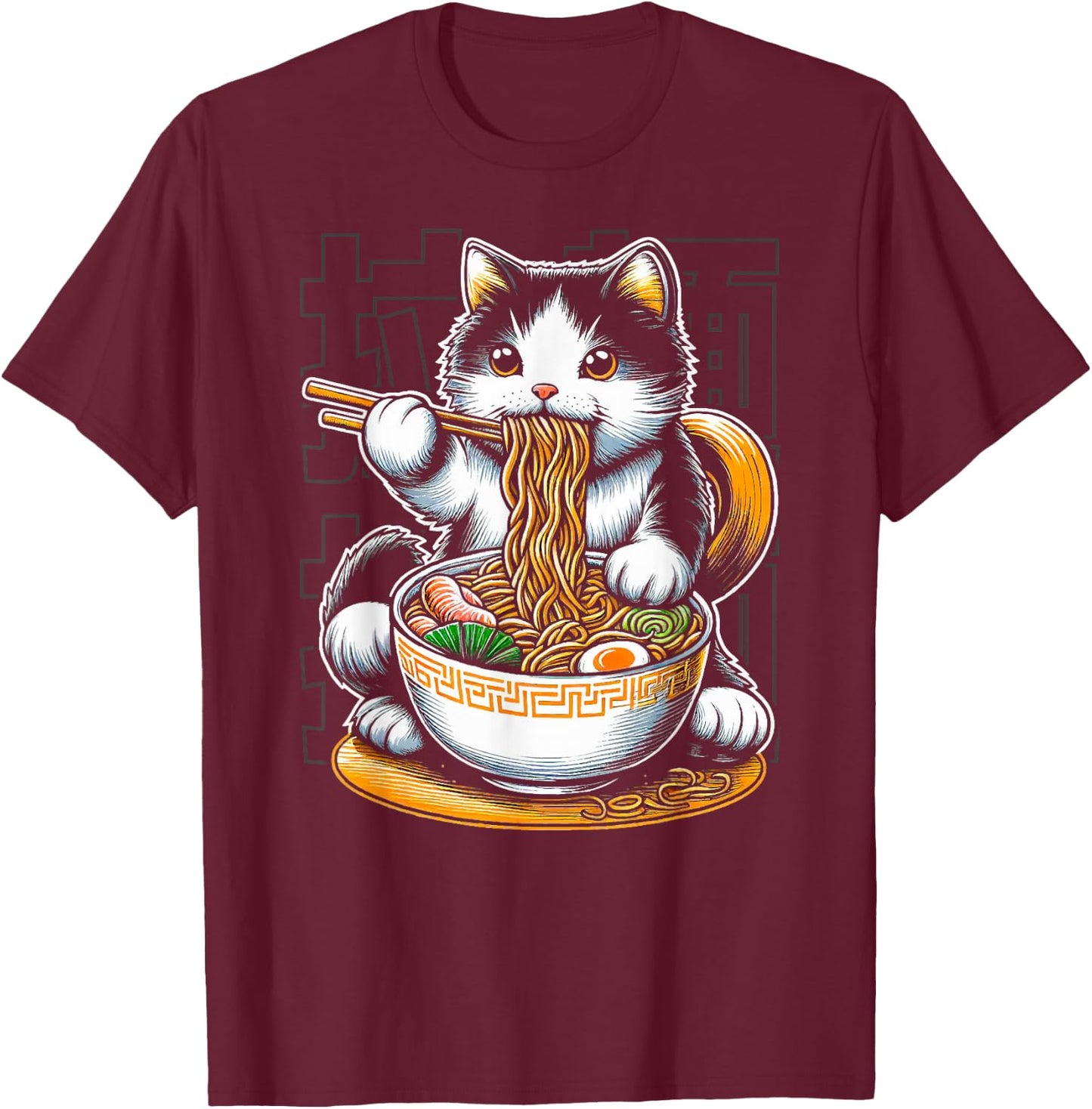 Cat Eating Ramen Food Cat Lover Ramen Noodles Eater T-Shirt - T-Shirt | Maroon
