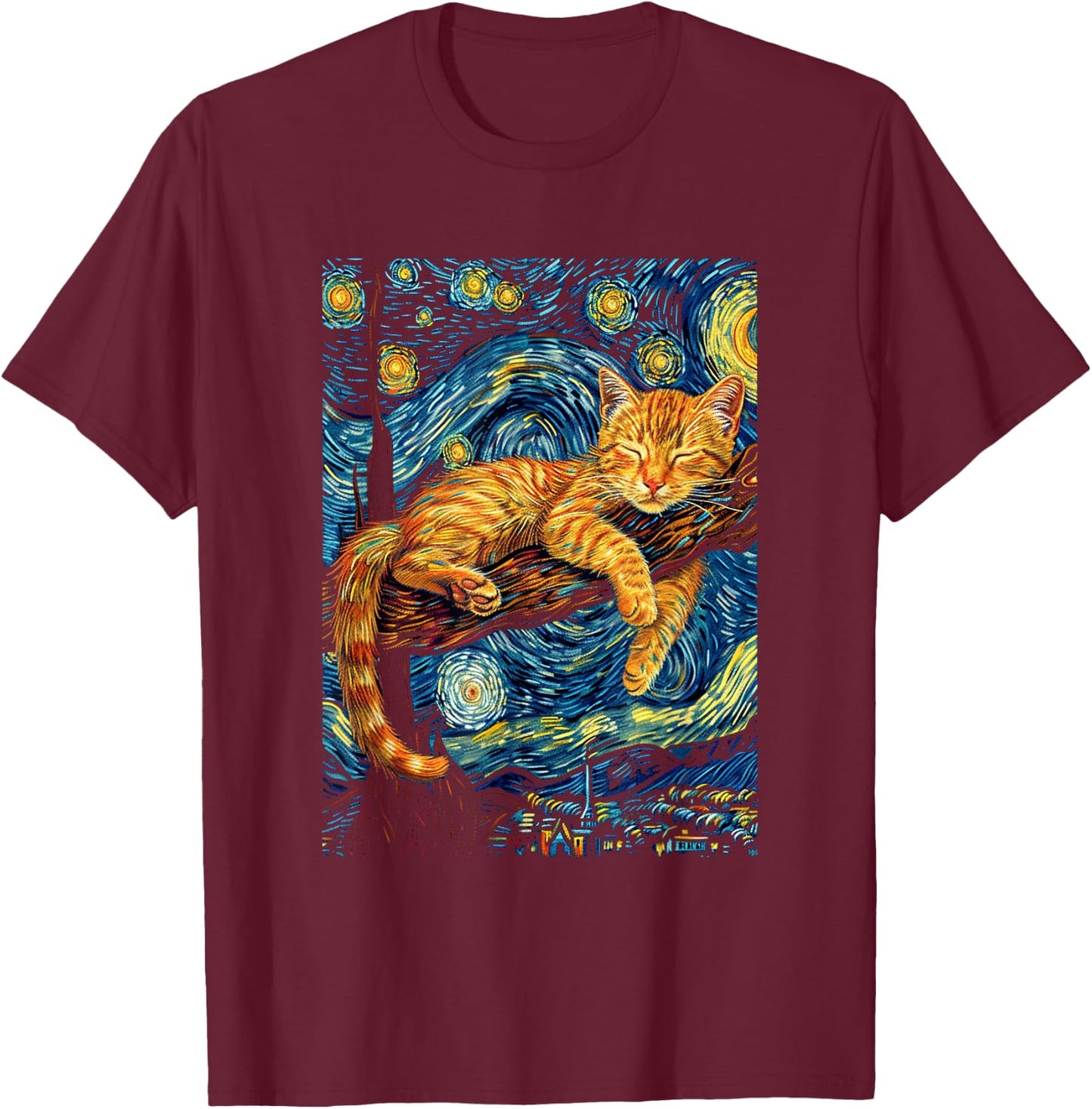 Cat Starry Night Van Gogh Cat for Cat Lover Cat Mom Cat Dad T-Shirt - T-Shirt | Maroon