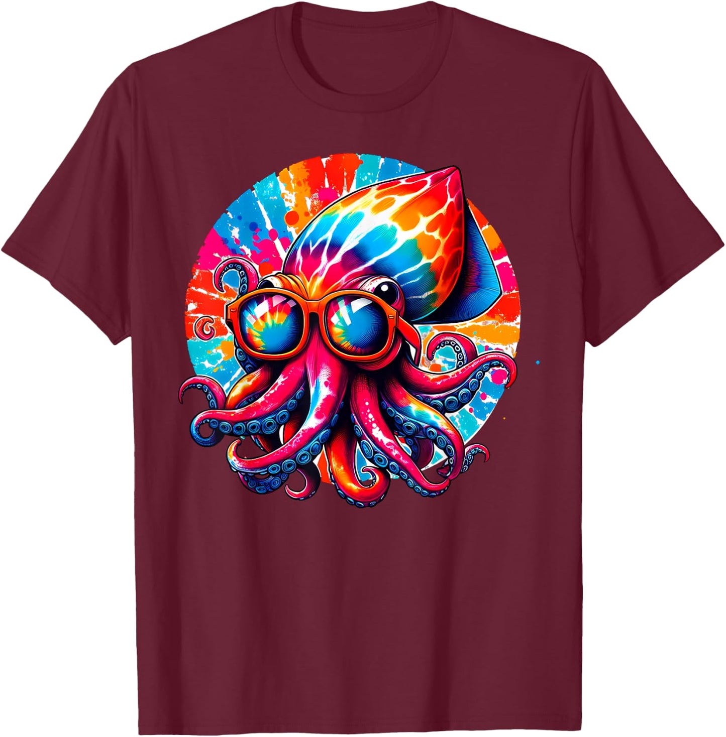 Cool Graphic Tie Dye Sunglasses Squid Illustration Art T-Shirt - T-Shirt | Maroon