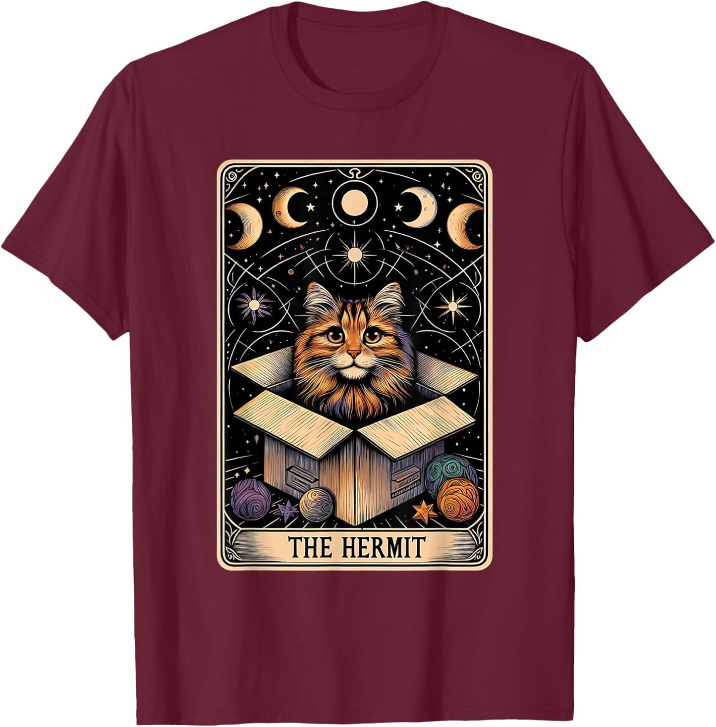 The Hermit Tarot Card Cat In a Box Mystic Funny Cat T-Shirt - T-Shirt | Maroon