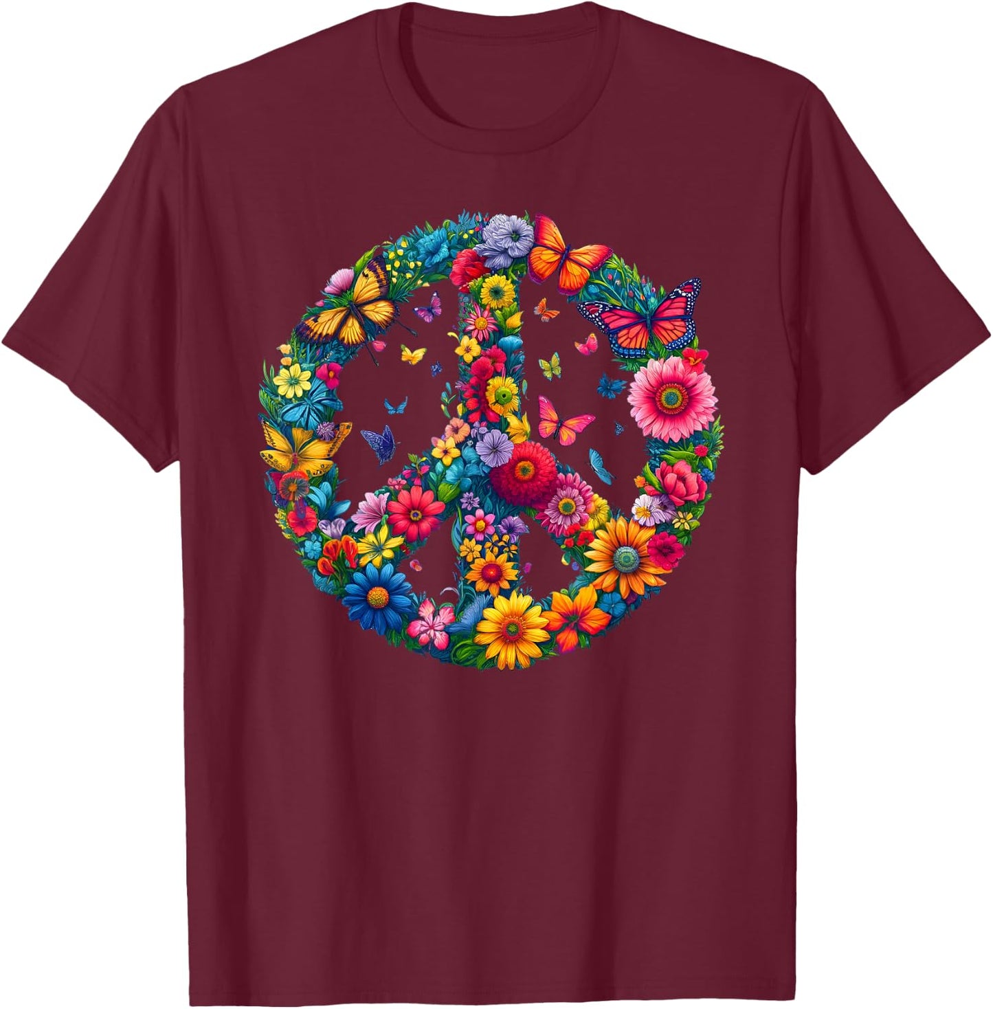 Floral Peace Sign Colorful Butterflies Harmony Love Nature T-Shirt - T-Shirt | Maroon