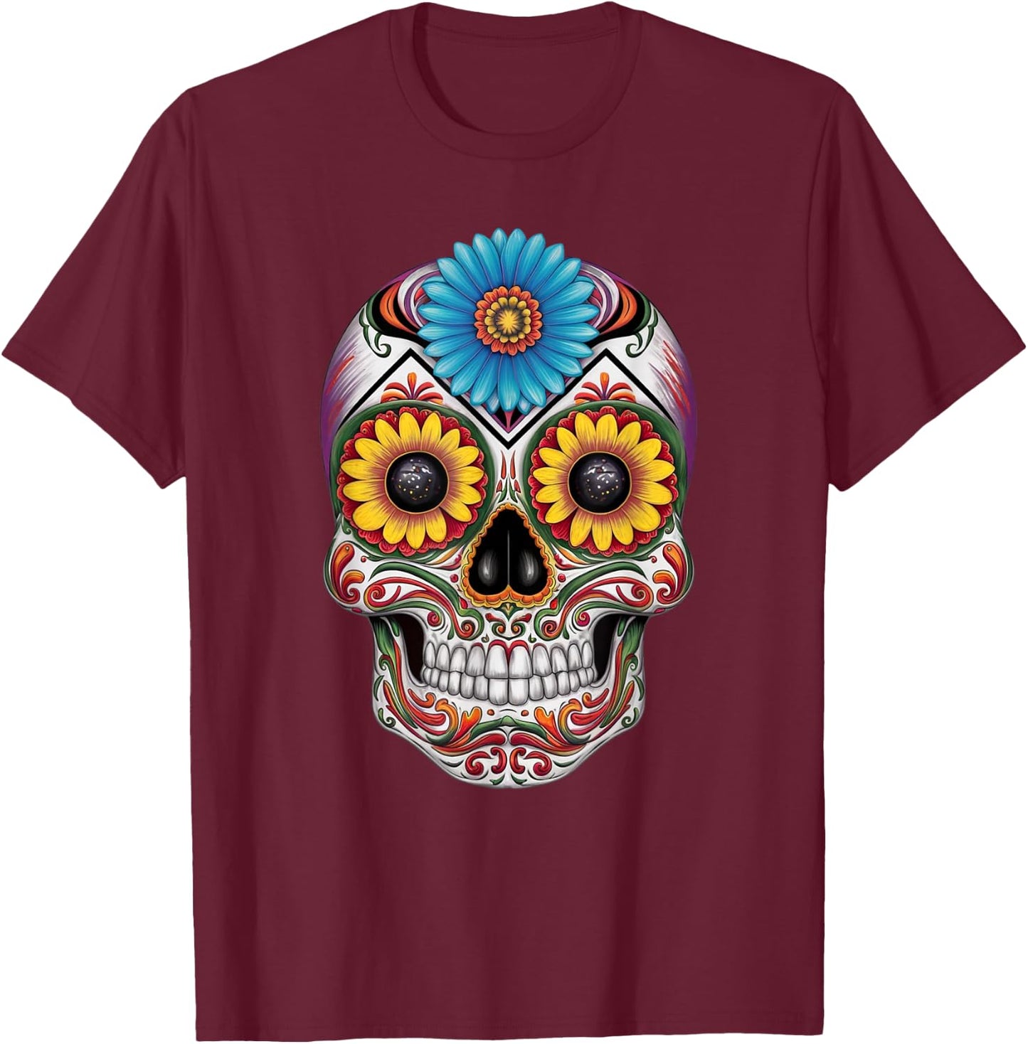 Sugar Skull Day of Dead Halloween Dia De Muertos T-Shirt - T-Shirt | Maroon