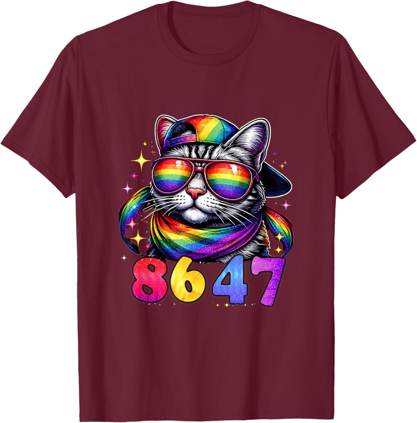 8647 Rainbow Cat Sunglasses Funny Pride Protest Graphic T-Shirt - T-Shirt | Maroon