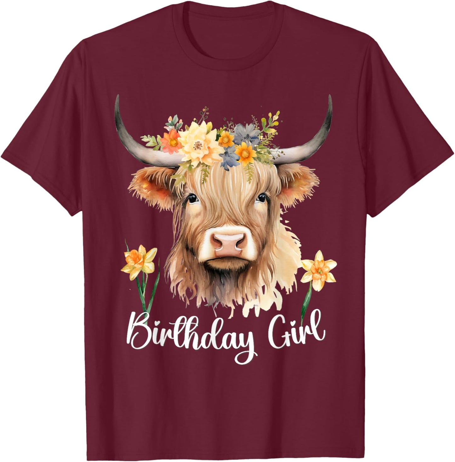 Highland Cow with Flowers for the Birthday Girl Toddler 6-8 T-Shirt - T-Shirt | Maroon