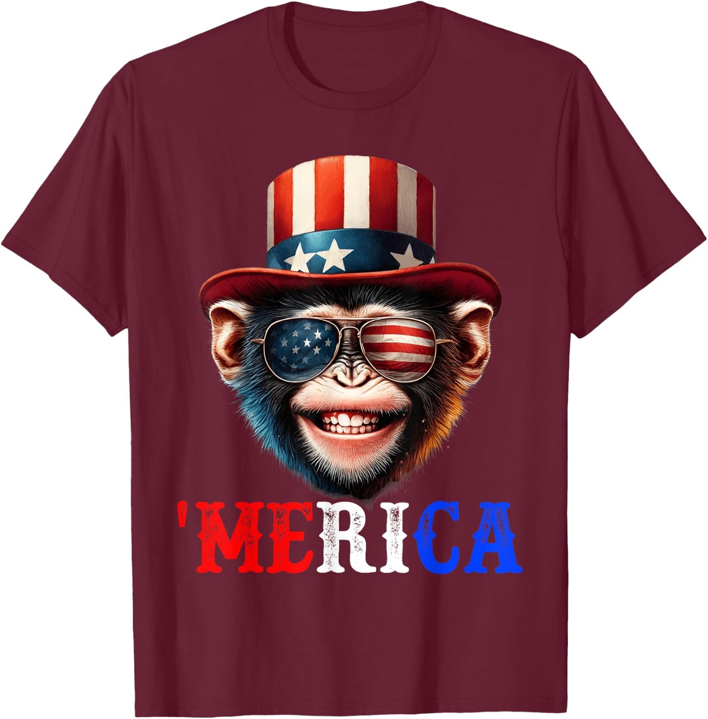 Merica Monkey Patriotic 4th of July Funny Kids Men Women T-Shirt - T-Shirt | Maroon