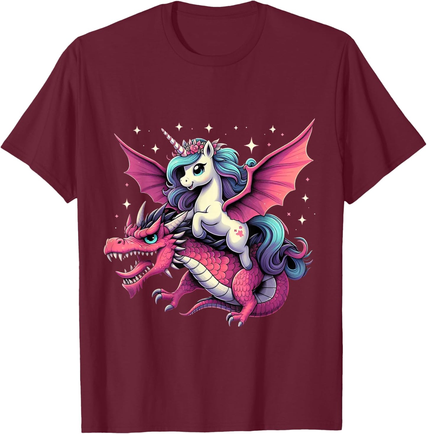 Unicorn Riding Dragon Boys Girls Women Kids Teens Rainbow T-Shirt - T-Shirt | Maroon