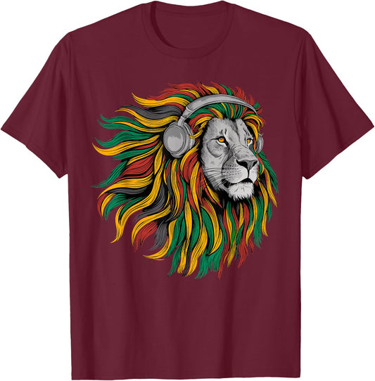 Rasta Reggae Music Headphones Jamaican Pride Lion Of Judah T-Shirt - T-Shirt | Maroon