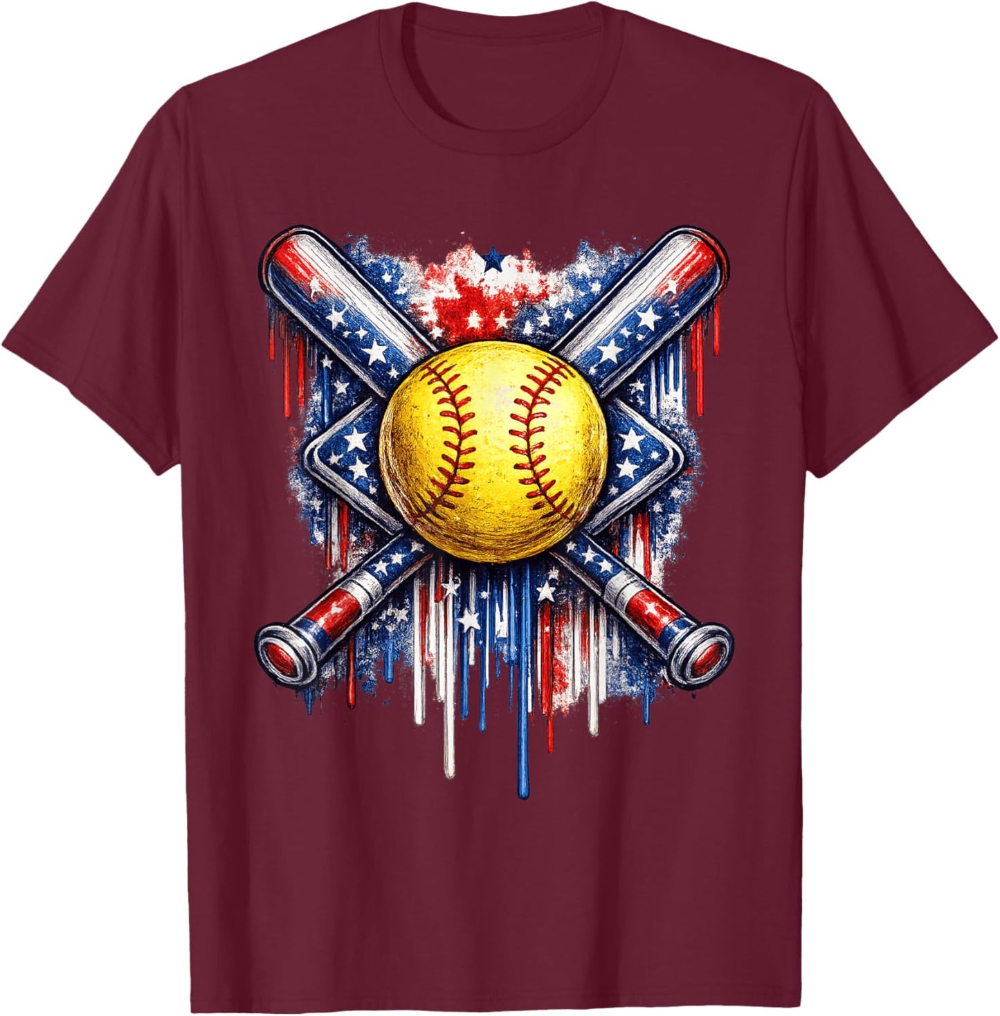 Softball Drip Ice Cream American Flag 4th of July T-Shirt - T-Shirt | Maroon