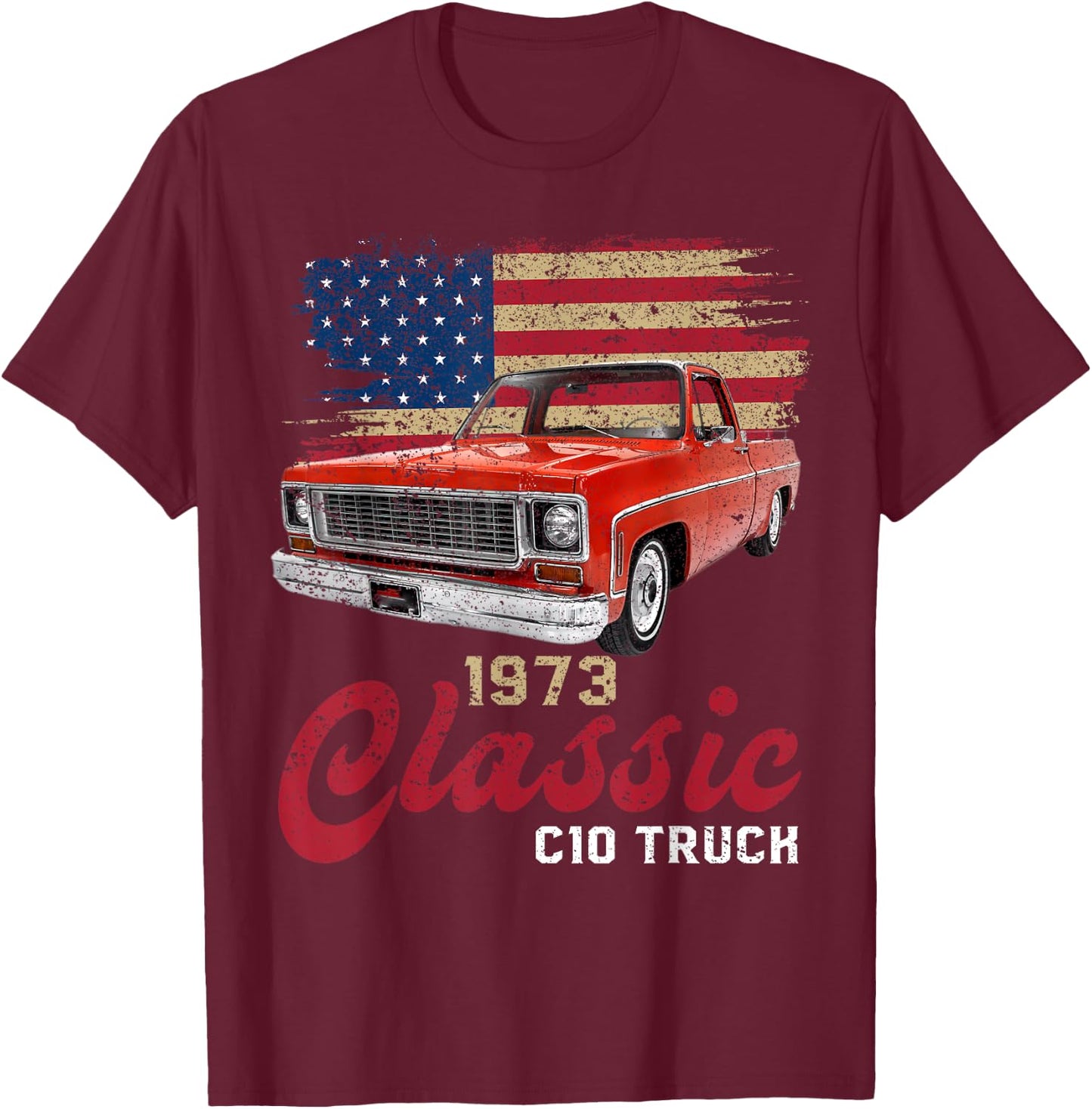 1973 73 c10 truck American Flag T-Shirt - T-Shirt | Maroon