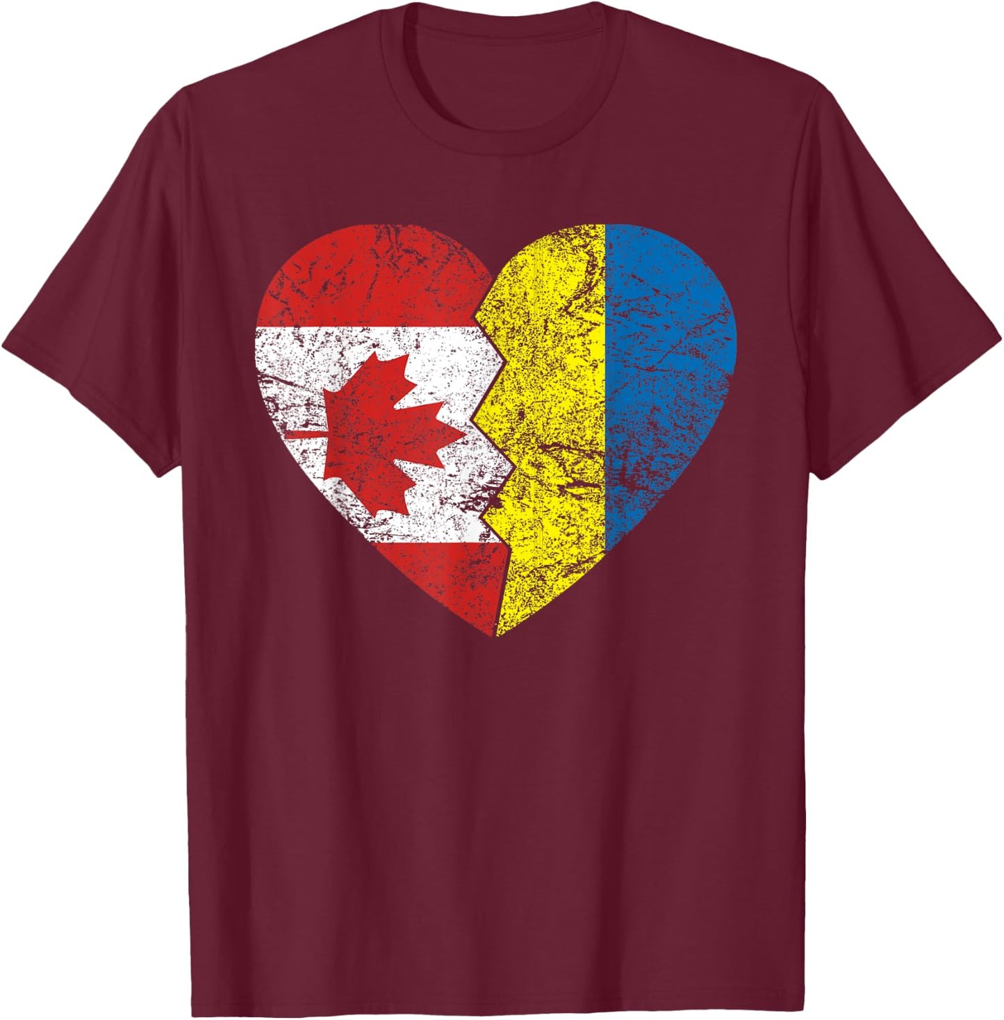 Ukrainian Canadian Flags Heart | Canada Ukraine Roots T-Shirt - T-Shirt | Maroon