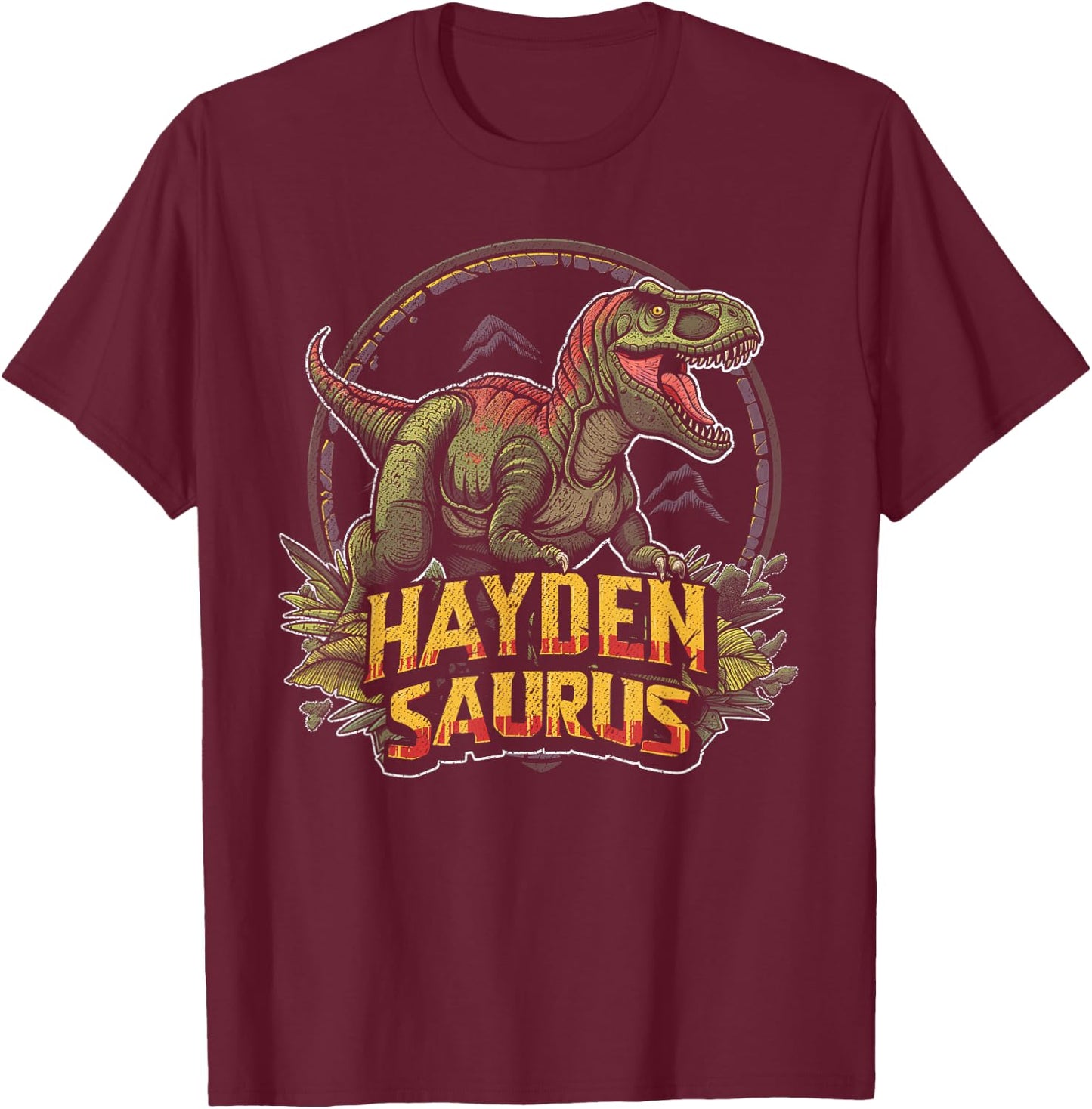 Hayden Saurus Funny Personalized Dinosaur T Rex Boys Name T-Shirt - T-Shirt | Maroon