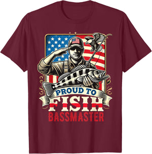 Proud to Fish Bassmaster Patriotic Design T-Shirt - T-Shirt | Maroon