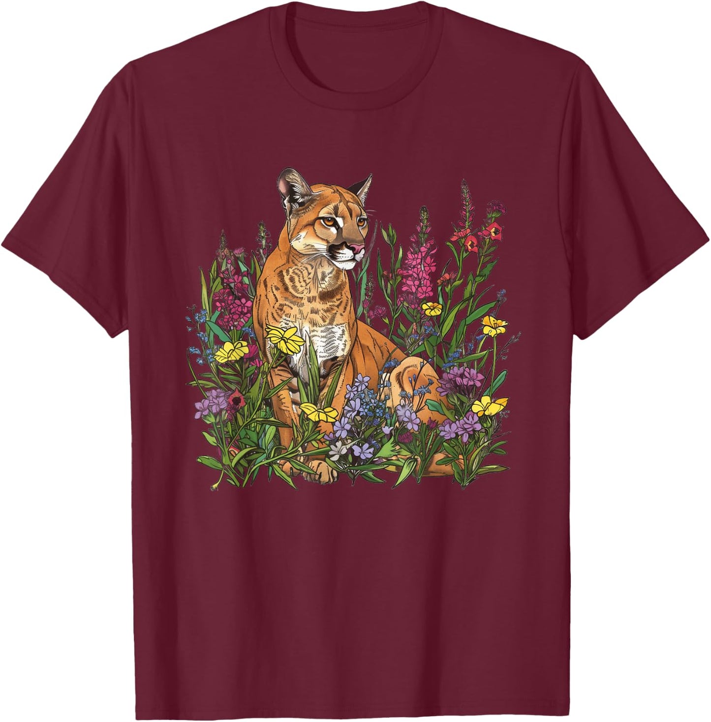 Mountain Lion Amidst Wildflowers T-Shirt - T-Shirt | Maroon