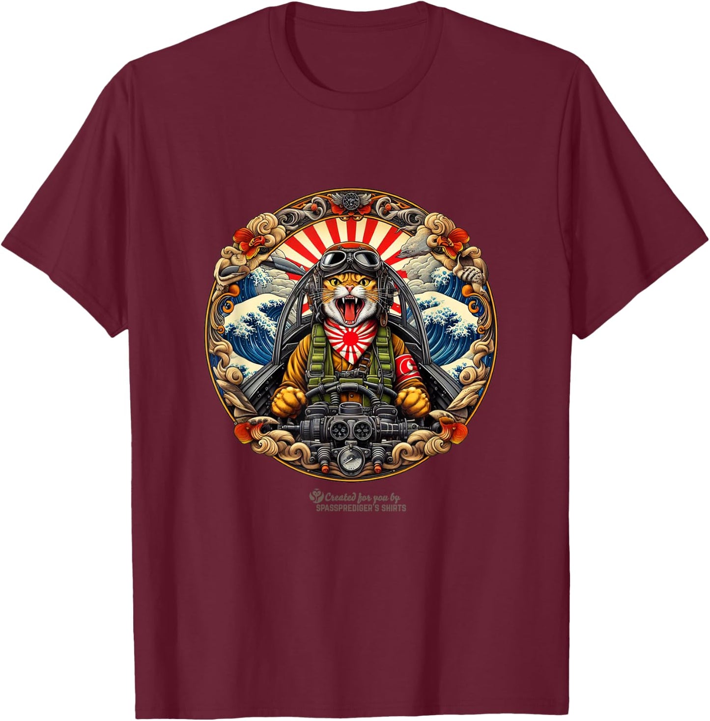 Japanese Kamikaze Pilot Fighting Cat T-Shirt - T-Shirt | Maroon