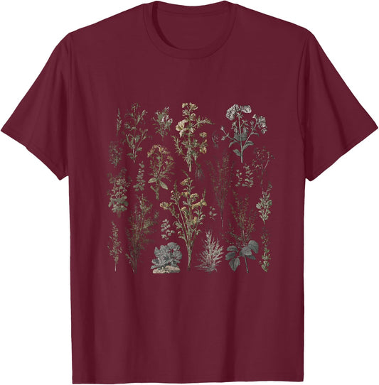 Vintage Inspired Flower Botanical Chart Naturalist T-Shirt - T-Shirt | Maroon