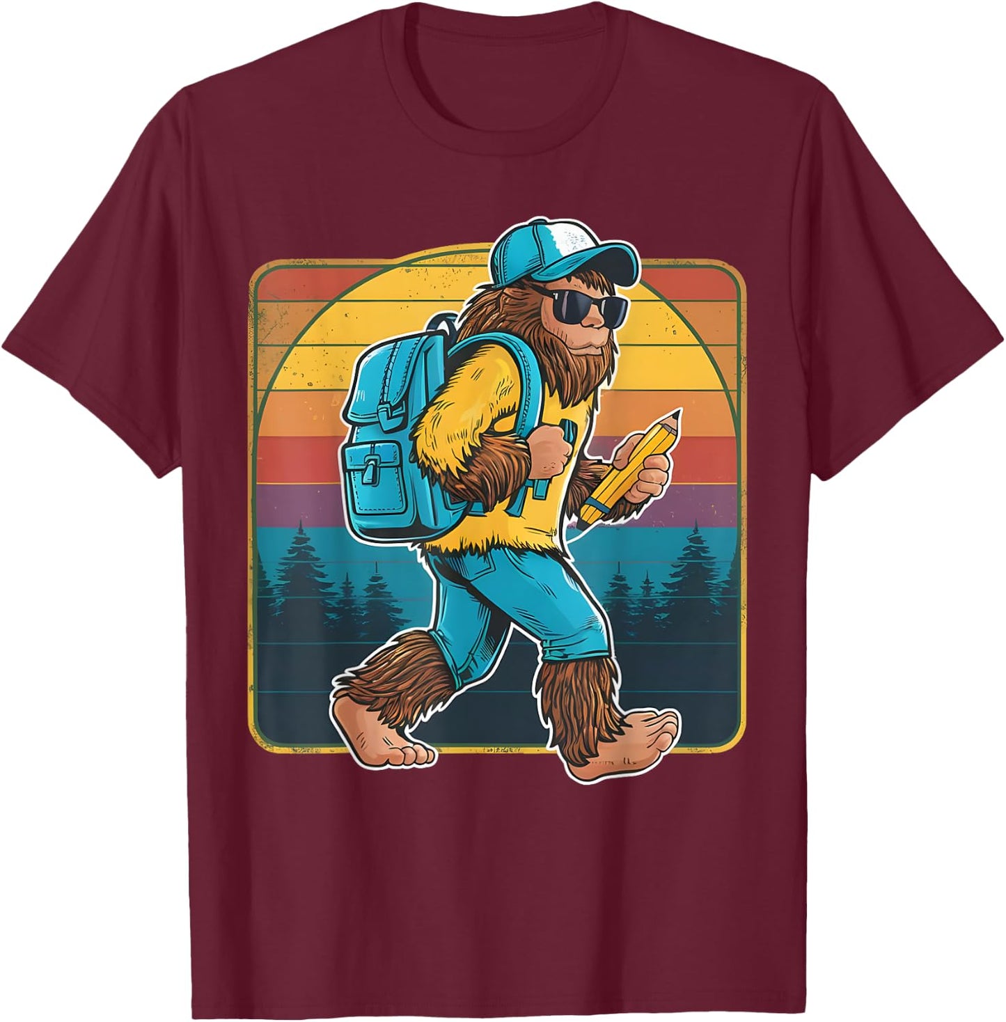 Back to School Bigfoot Happy First Day of School Teacher Women Girls Kids T-Shirt - T-Shirt | Maroon
