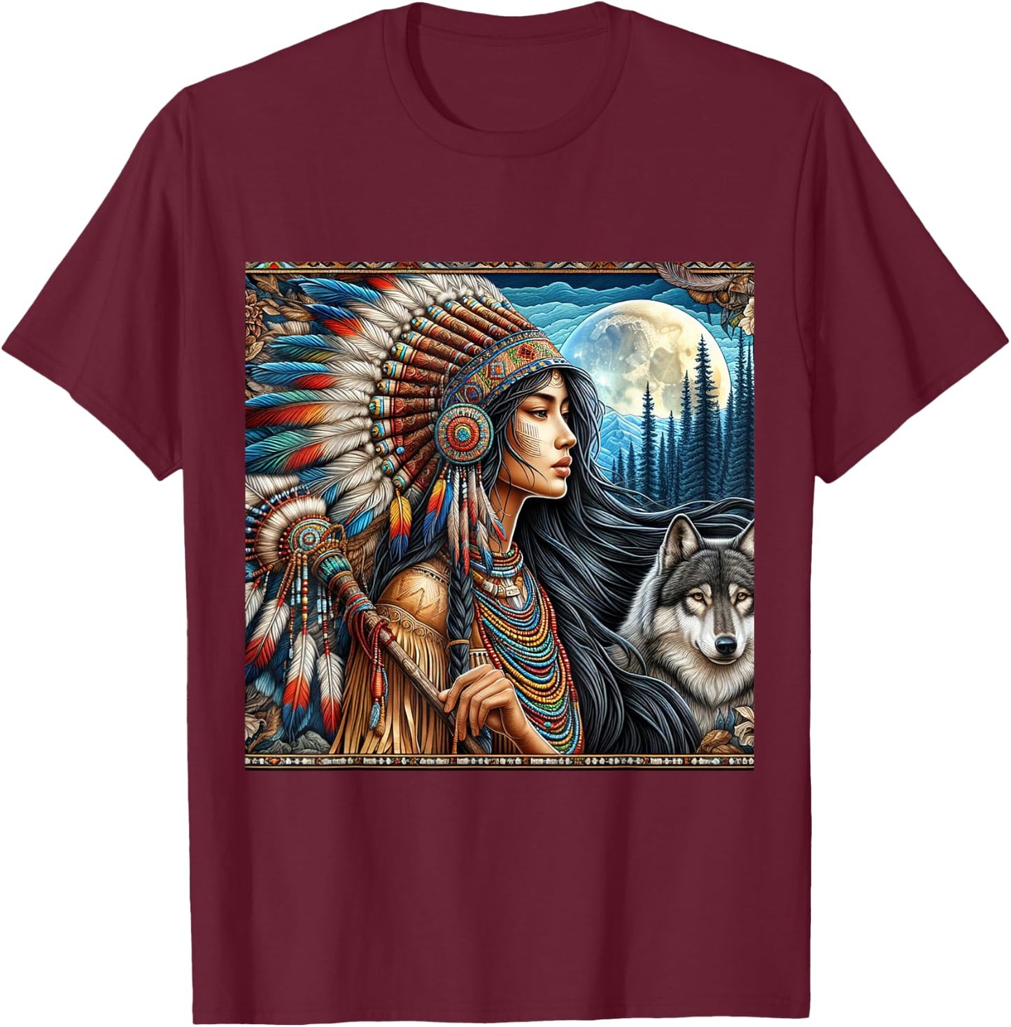 Indian Native American Woman with White Wolf Vintage Gifts T-Shirt - T-Shirt | Maroon