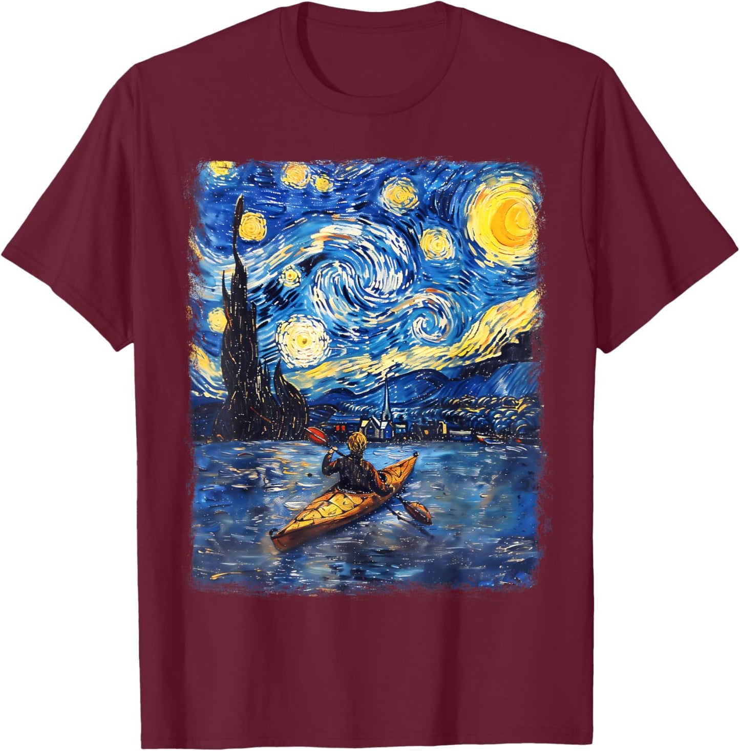Kayaking Kayak Kayaker Starry Night Painting T-Shirt - T-Shirt | Maroon