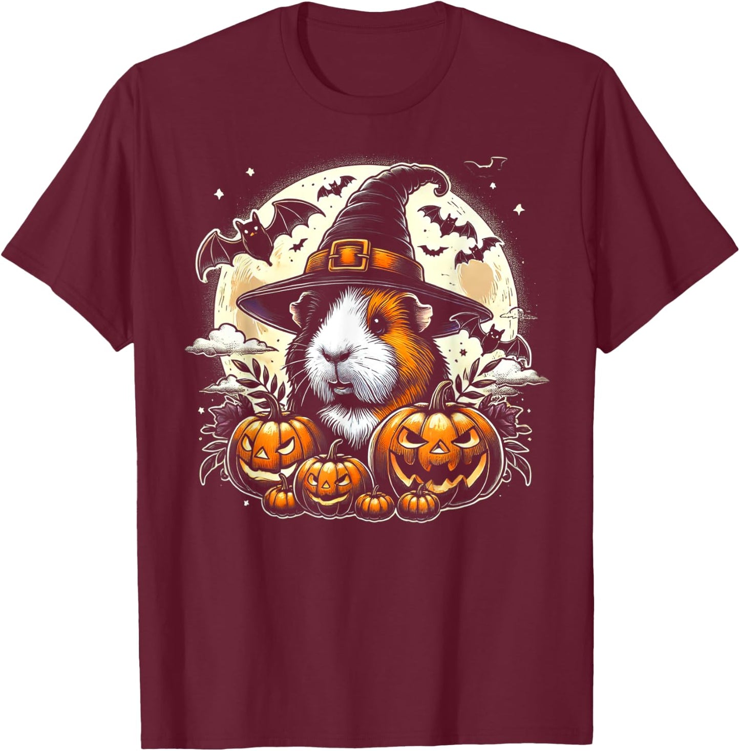 Guinea Pig Halloween Witch Art T-Shirt - T-Shirt | Maroon