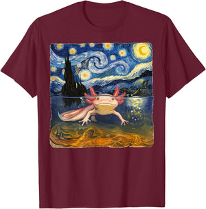 Axolotl Starry Night Van Gogh Funny Gifts Women Kid T-Shirt - T-Shirt | Maroon