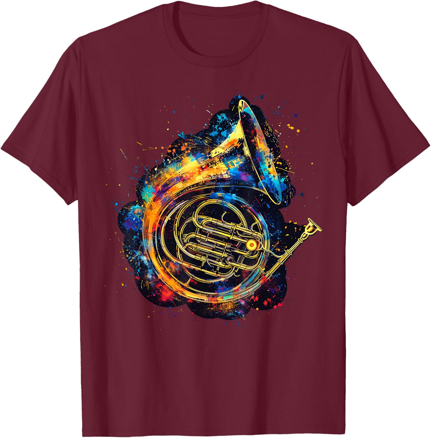 French Horn Instrument on Colorful Painted French Horn T-Shirt - T-Shirt | Maroon