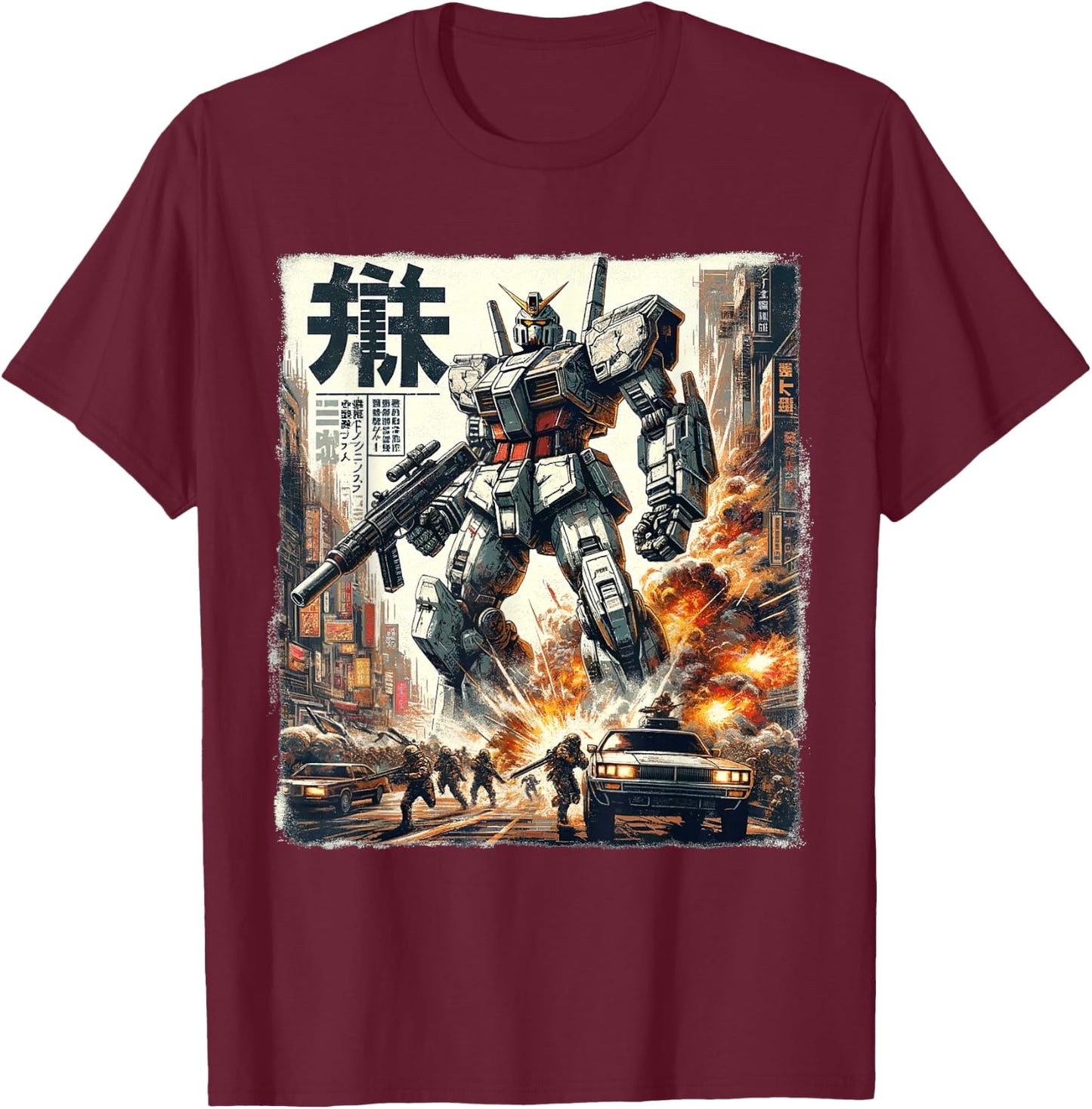 Mech Assault Futuristic Urban Warfare Japanese Battle Art T-Shirt - T-Shirt | Maroon