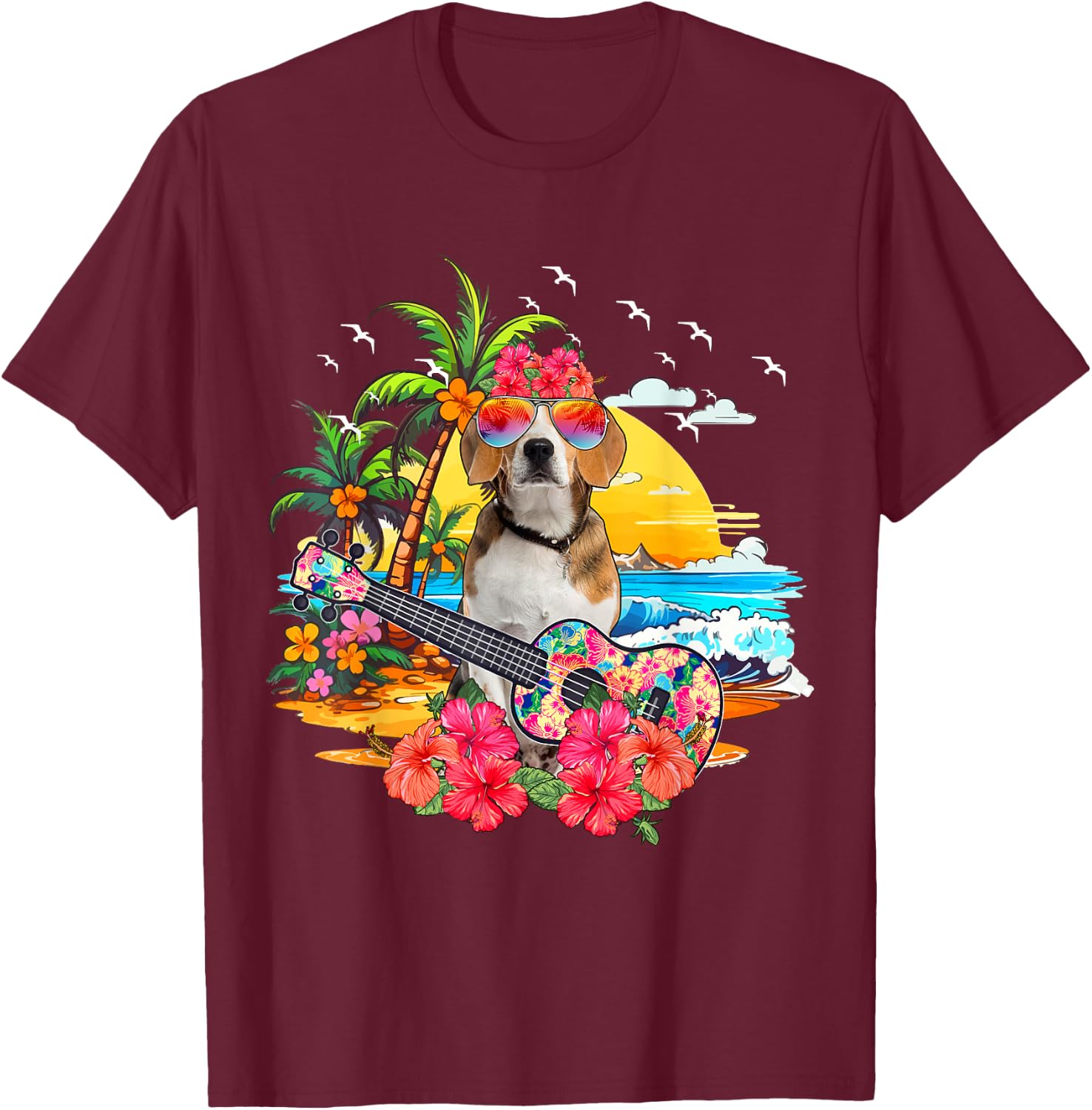 Hawaiian Floral Beagle Sunglasses Playing Guitar On Beach T-Shirt - T-Shirt | Maroon
