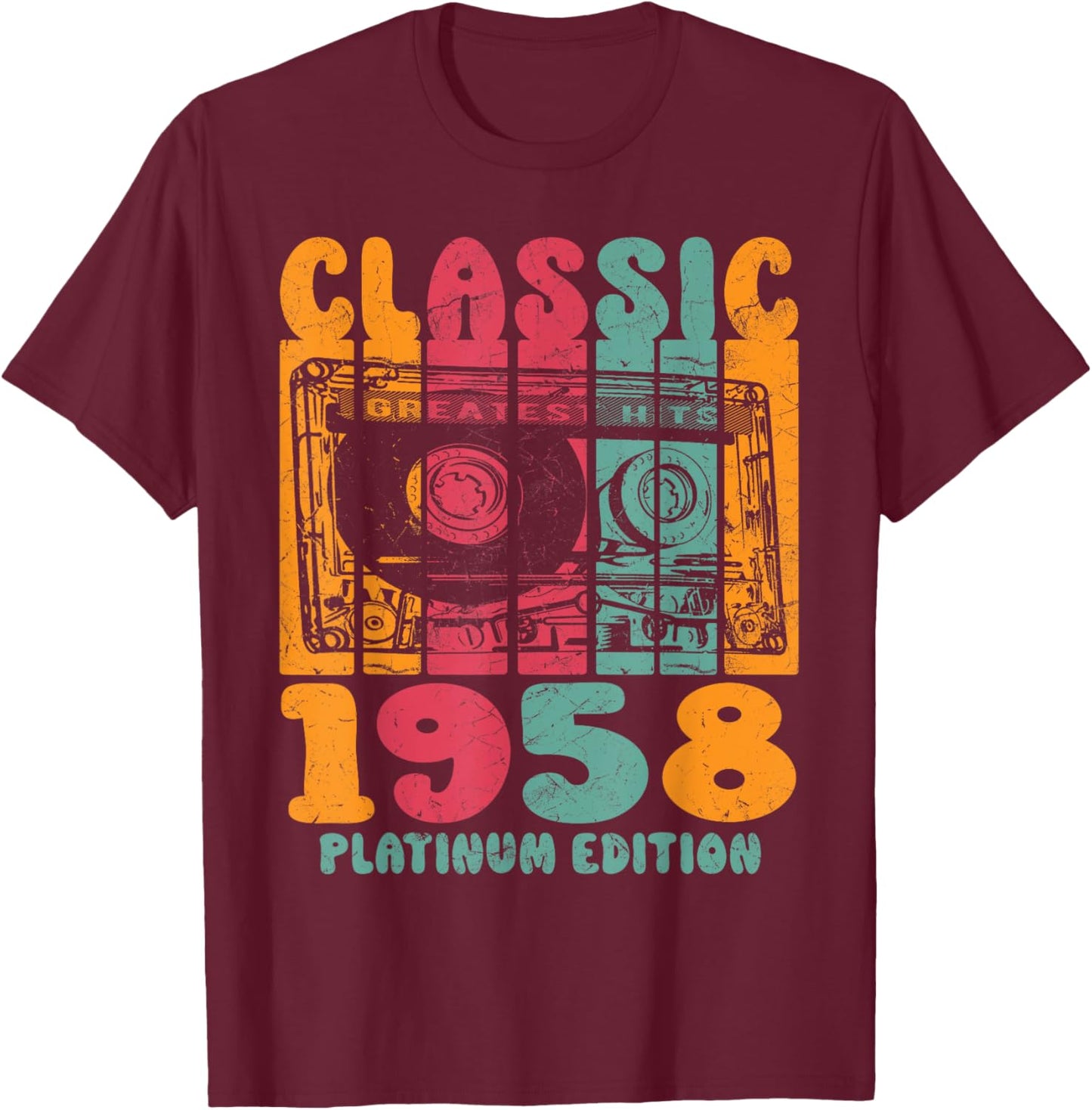 Born In 1958, Retro Mix Tape Platinum Edition 1958 Birthday T-Shirt - T-Shirt | Maroon