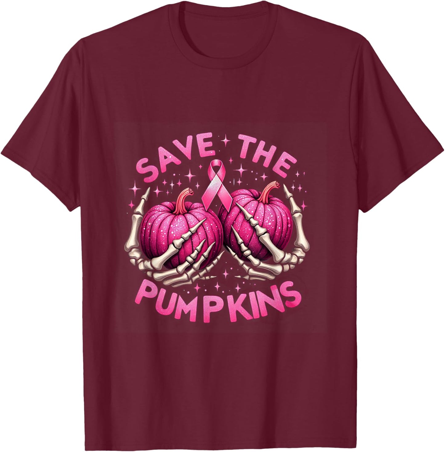 Skeleton Halloween Save The Pumpkins Breast Cancer Awareness T-Shirt - T-Shirt | Maroon