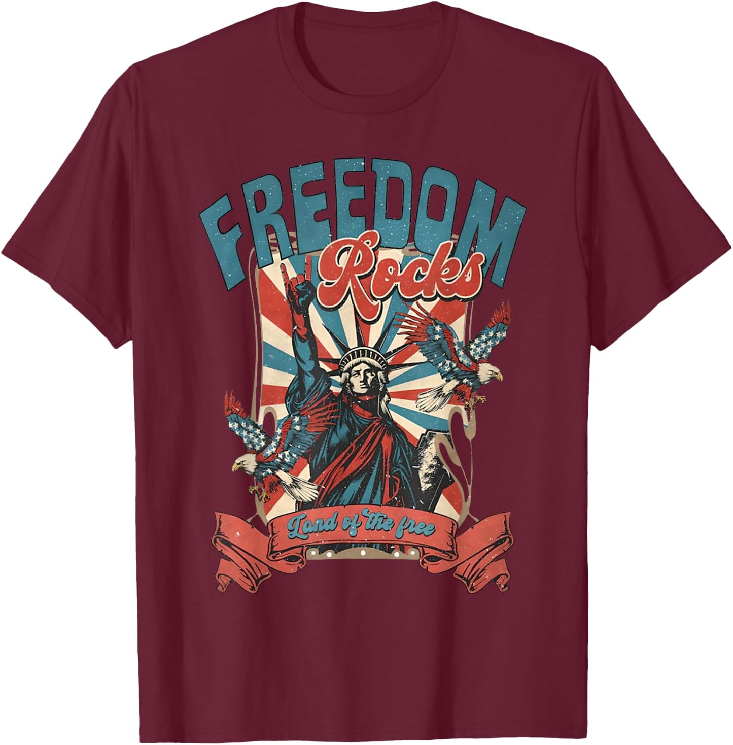 Freedom Rocks July 4th Rock On Patriotic Statue Of Liberty Kids Men T-Shirt - T-Shirt | Maroon