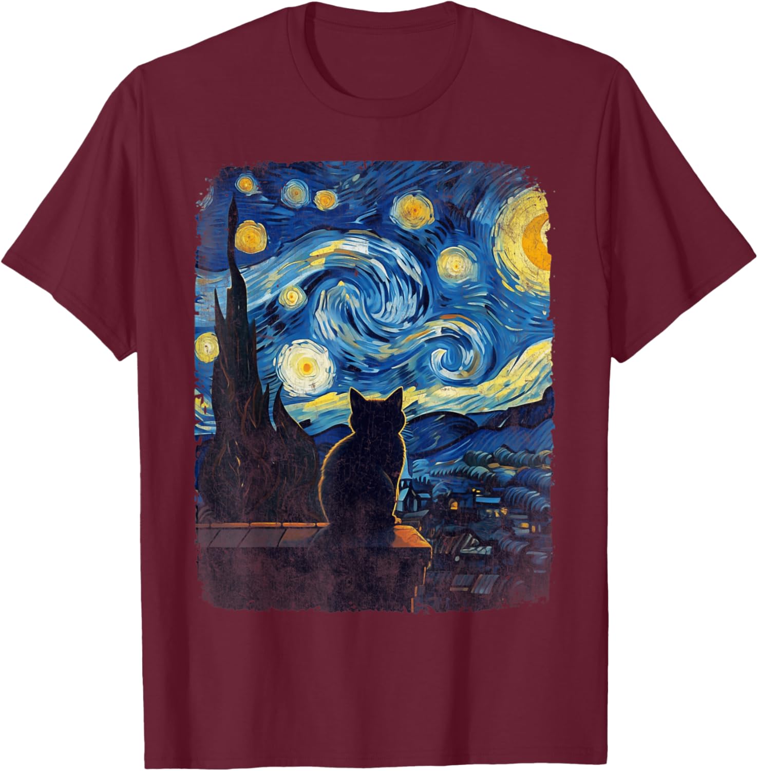 Cat Gifts for Cat Mom Dad Starry Night Van Gogh Cat T-Shirt - T-Shirt | Maroon