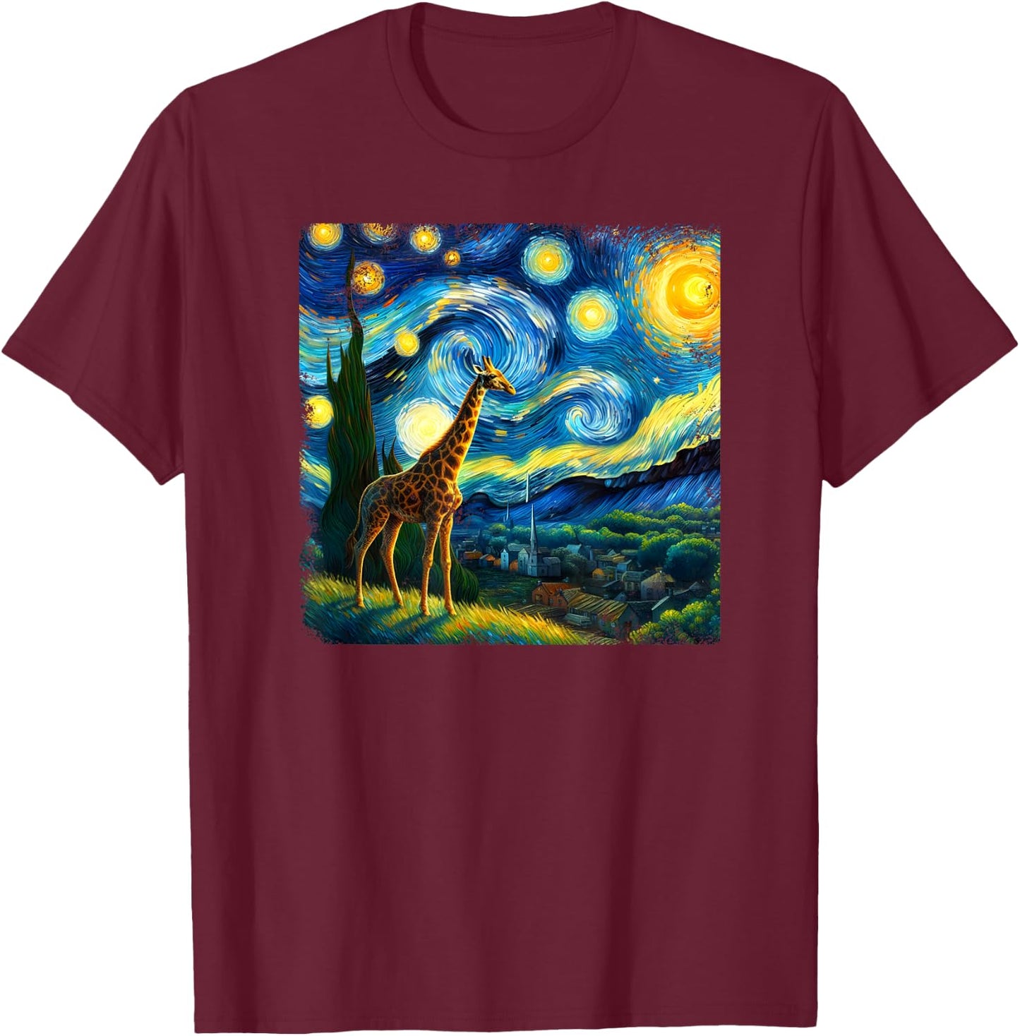 Giraffe Starry Night Van Gogh Painting Giraffe Lover T-Shirt - T-Shirt | Maroon