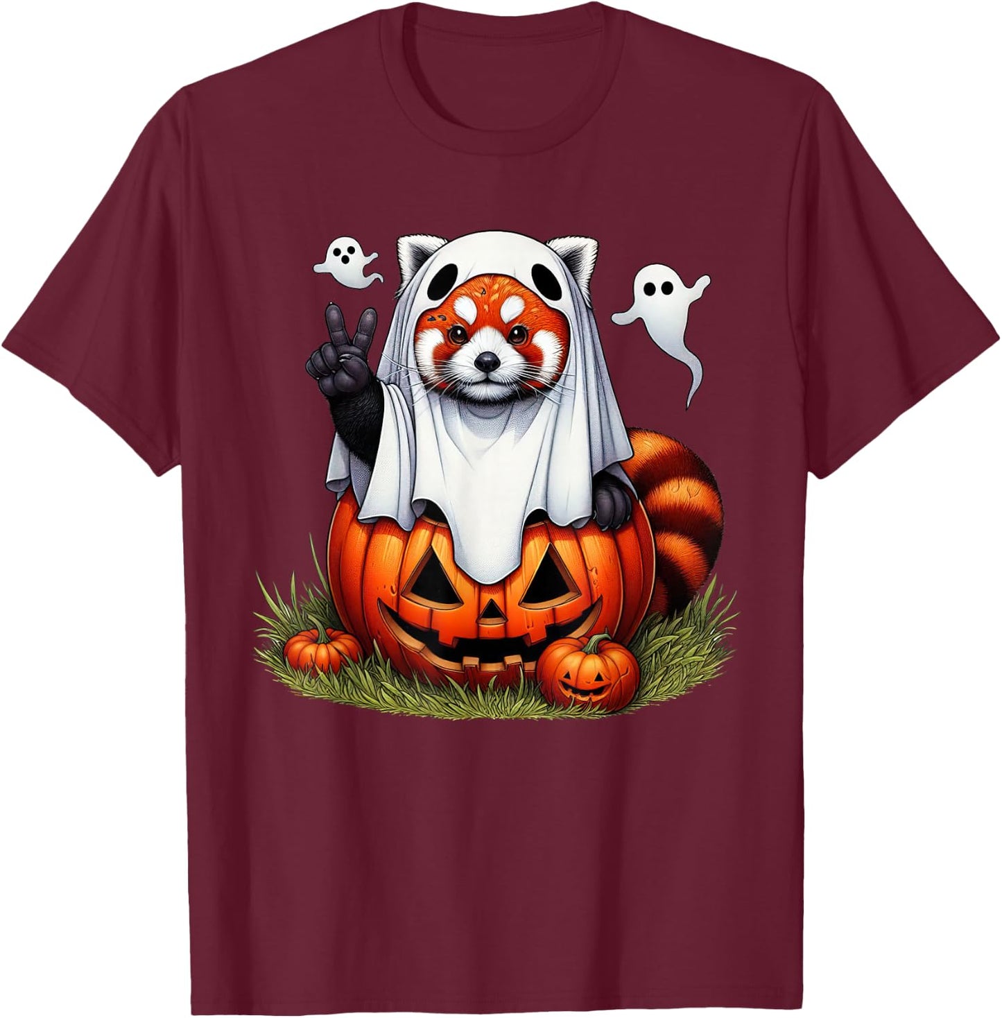 Funny Red Panda Ghost Boo Halloween Kids T-Shirt - T-Shirt | Maroon