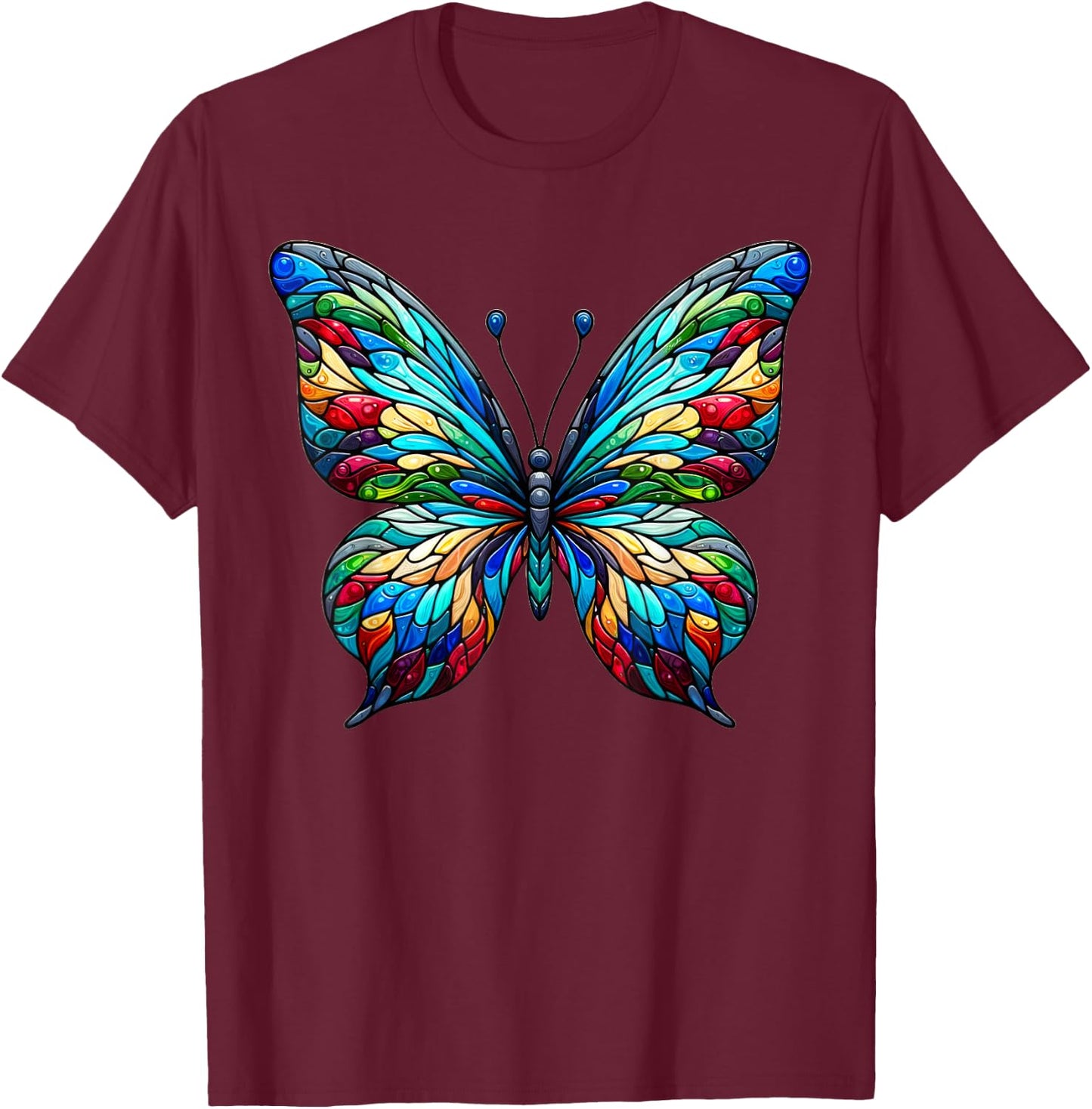 Stained Glass Window Butterfly Art T-Shirt - T-Shirt | Maroon
