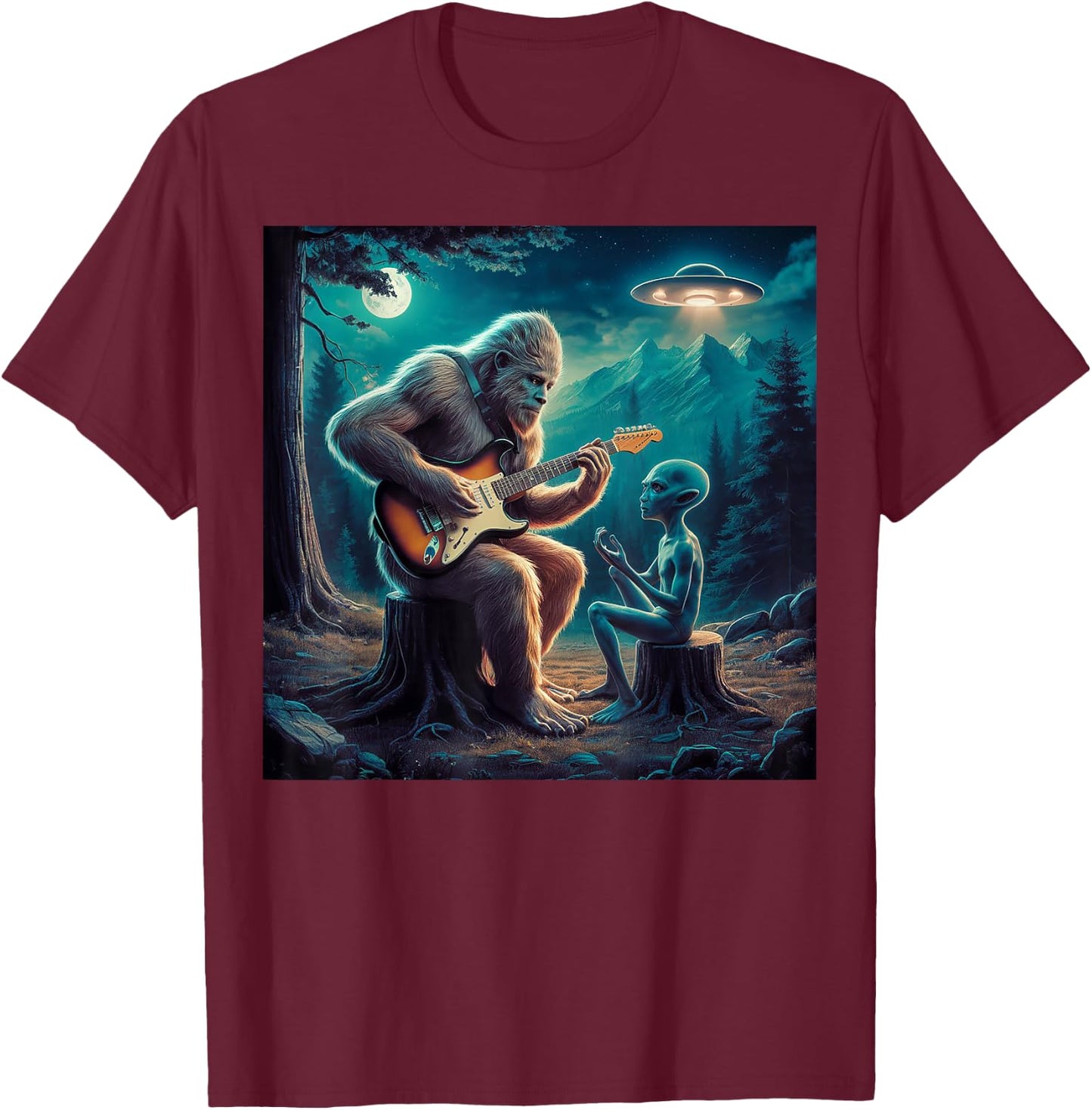 Alien Bigfoot Guitar Sasquatch UFO Gifts , Women, Kid T-Shirt - T-Shirt | Maroon