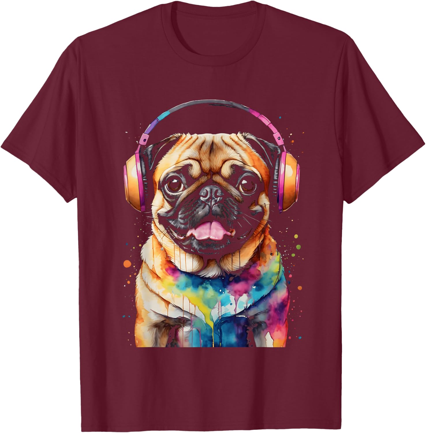 Pug Headphones Dog Colorful Funny Animal Art Print Graphic Men Women Kids T-Shirt - T-Shirt | Maroon