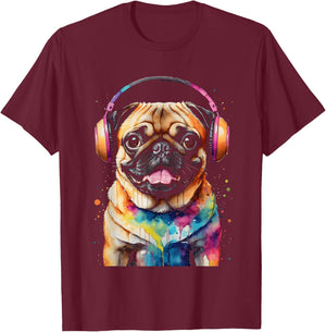 Pug Headphones Dog Colorful Funny Animal Art Print Graphic Men Women Kids T-Shirt - T-Shirt | Maroon