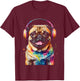 Pug Headphones Dog Colorful Funny Animal Art Print Graphic Men Women Kids T-Shirt - T-Shirt | Maroon