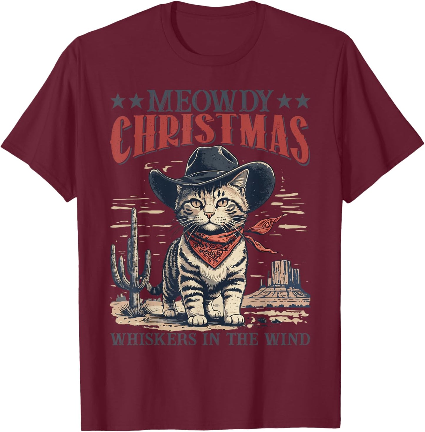 Meowdy Partner Cowboy Cat Christmas Vintage Cowboy Cat Santa T-Shirt - T-Shirt | Maroon