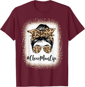 Cheer Mom Life Bleached Leopard Messy Bun Mothers day T-Shirt - T-Shirt | Maroon