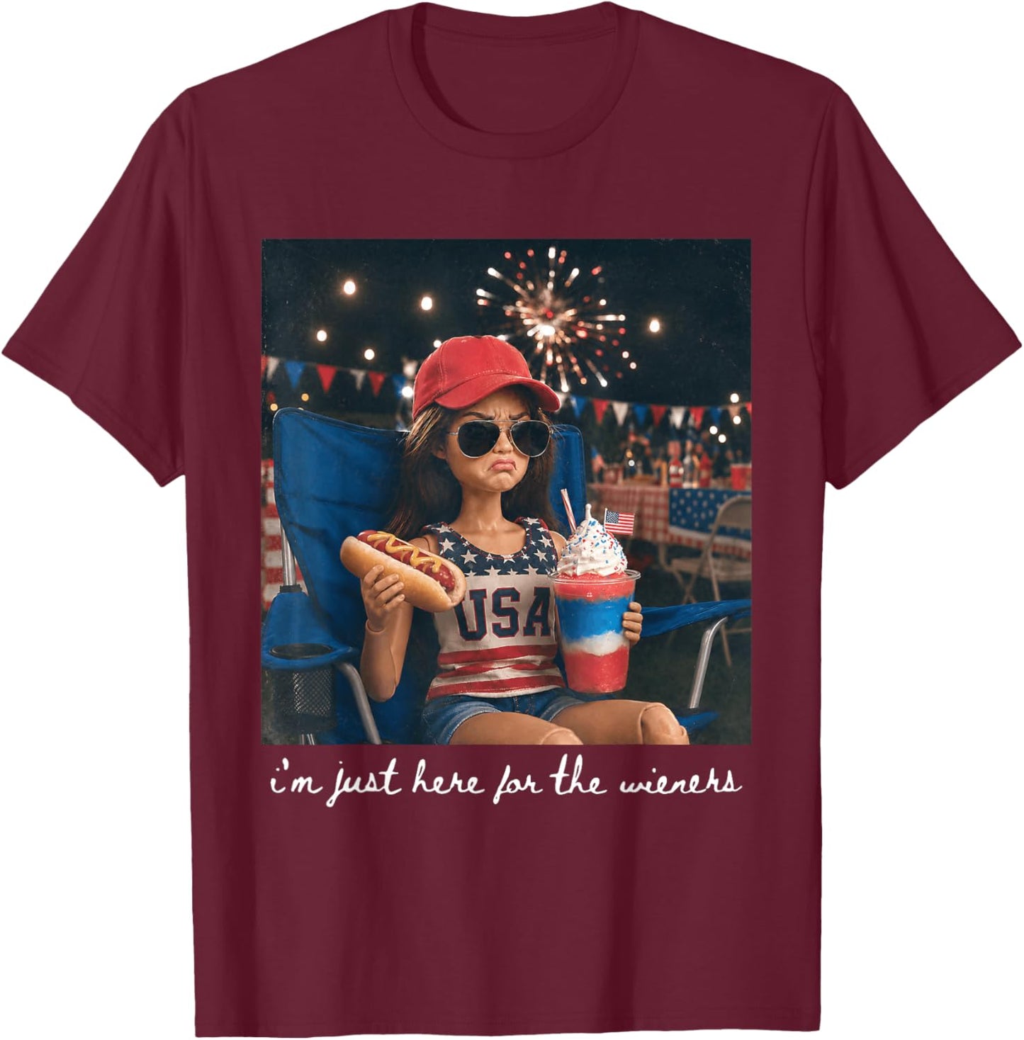 I'm Just Here for The Wieners American Fireworks 4th of July T-Shirt - T-Shirt | Maroon