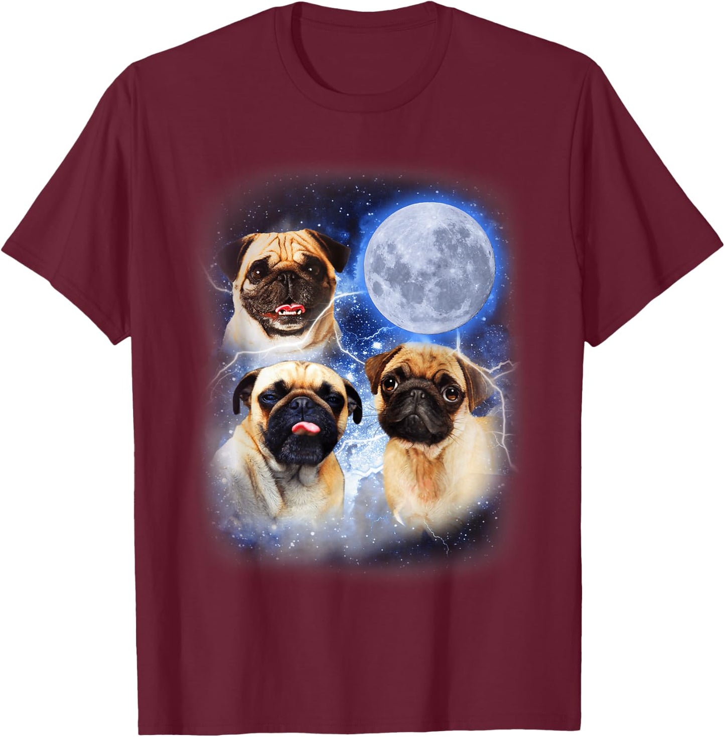 Pug Moon Dog Lovers Three Space Canines Funny Pug T-Shirt - T-Shirt | Maroon