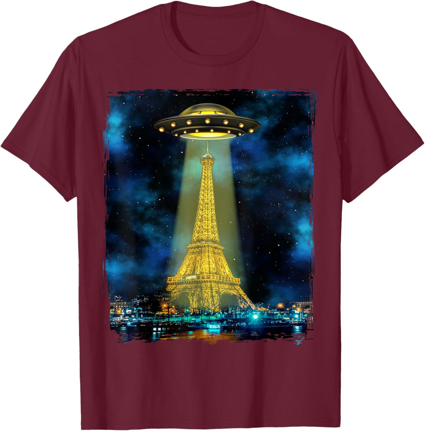 Paris Tourist Souvenir Gift Eiffel Tower UFO Alien Space T-Shirt - T-Shirt | Maroon