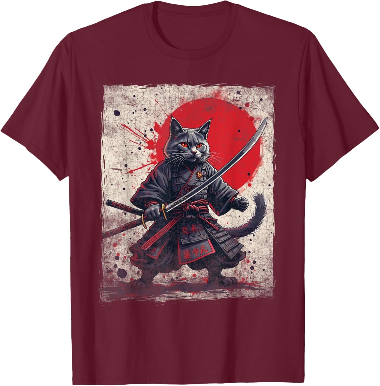 Samurai Cat Ukiyo-e Warrior Art Vintage Ninja Cat Graphic Women Kids T-Shirt - T-Shirt | Maroon