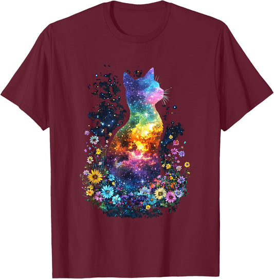 Cat Moon and Flowers Aesthetic Cottagecore inspired T-Shirt - T-Shirt | Maroon