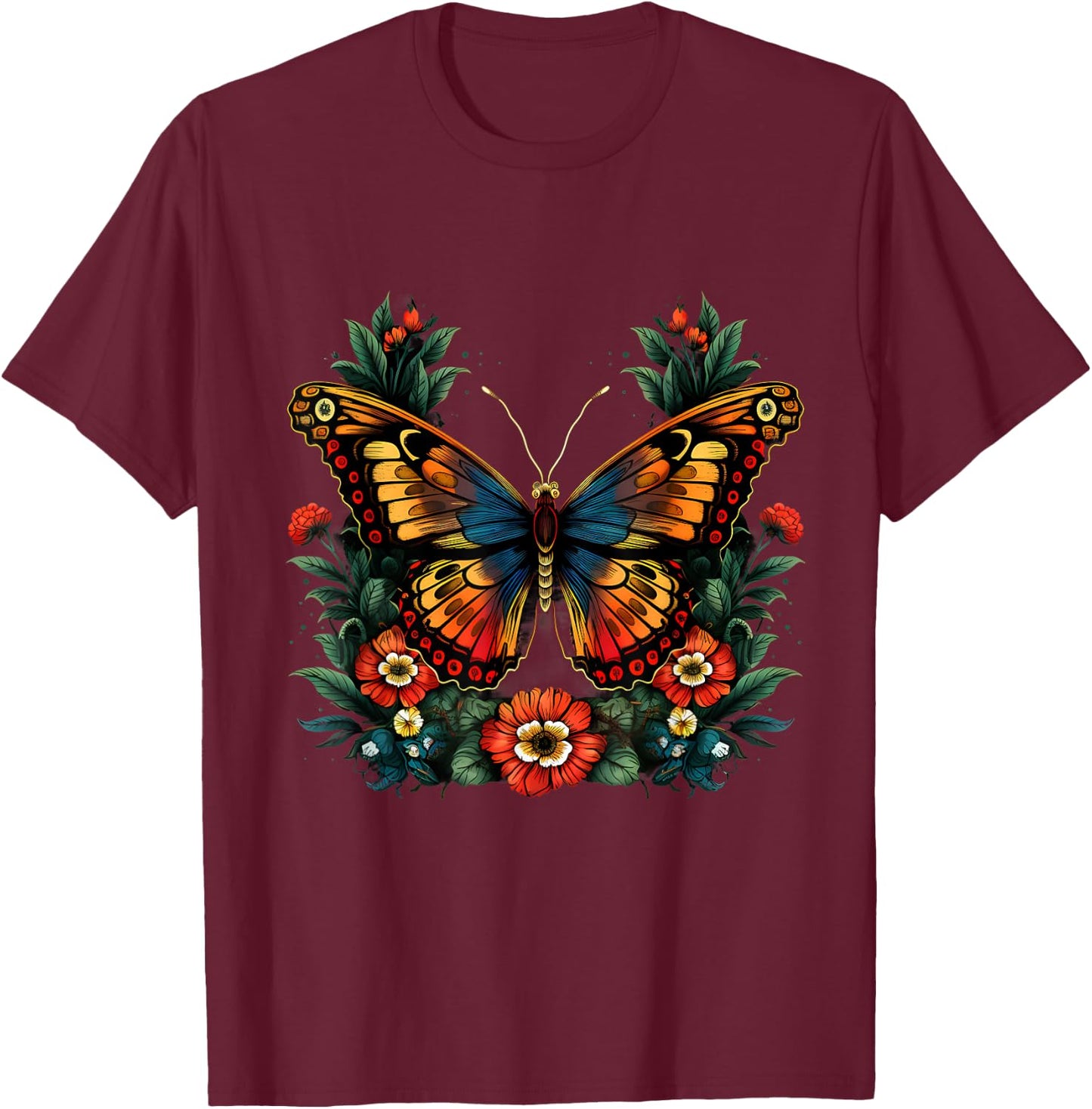 Butterfly Flower Artwork Floral Animal Art Nature Wildlife T-Shirt - T-Shirt | Maroon